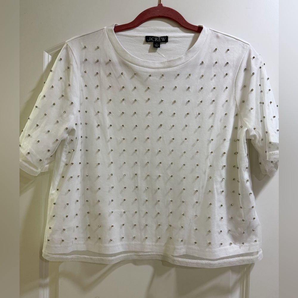 J. Crew White Studded Short Sleeve Tee